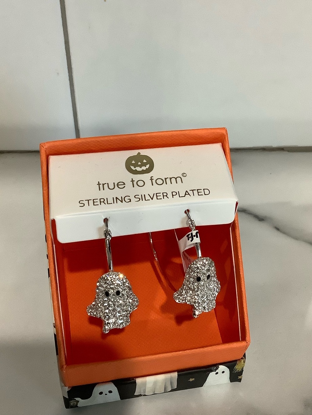 True to Form Sterling Silver Plated Crystal Ghost Drop Earrings - Silver